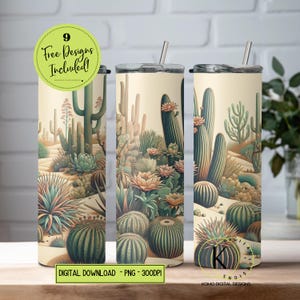 Diseño de sublimación para vaso delgado de 20 oz con diseño de cactus y suculentas del suroeste bohemio, descarga digital, envoltura para vaso PNG