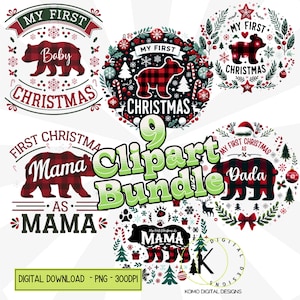 Pack Premier ours de Noël PNG | Motifs de Noël en famille à carreaux | Sublimation maman, papa et bébé ours | Téléchargement numérique