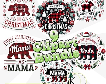 First Christmas Bear PNG Bundle | Plaid Family Christmas Designs | Mama, Dada, Baby Bear Sublimation | Digital Download