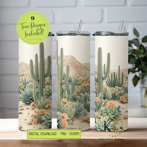 Diseño de sublimación para vaso delgado de 20 oz con diseño de cactus y suculentas del suroeste bohemio, descarga digital, envoltura para vaso PNG