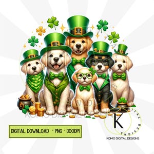 Chiens de la Saint-Patrick PNG | Clipart animal de compagnie festif mignon | Conception numérique Green Hat & Clover | Pièces d'or et trèfles, sublimation pour amoureux des chiens