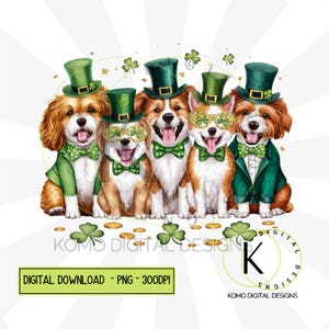 Chiens de la Saint-Patrick PNG | Clipart animal de compagnie festif mignon | Conception numérique Green Hat & Clover | Pièces d'or et trèfles, sublimation pour amoureux des chiens