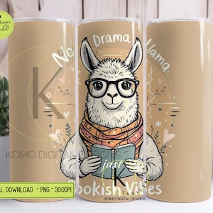 No Drama Llama Tumbler Wrap PNG | Bookish Vibes Sublimation | Vintage Seamless Wrap | Alpaca 20oz Digital Download | Cute Farm Animal PNG