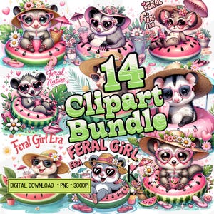Opossum Clipart Bundle, lustige PNGs, kokette Wassermelone Floatie, Sublimation digitaler Download, Tumbler Wrap, wilde Sommer-Mädchen-Ära