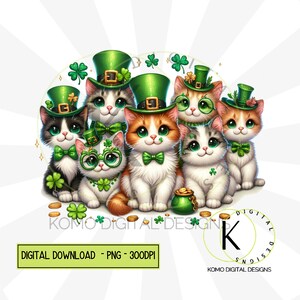 Les chats de la Saint-Patrick PNG | Clipart animal de compagnie festif mignon | Conception numérique Green Hat & Clover | Pièces d'or et trèfles, sublimation pour amoureux des chats