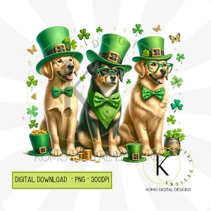 Chiens de la Saint-Patrick PNG | Clipart animal de compagnie festif mignon | Conception numérique Green Hat & Clover | Pièces d'or et trèfles, sublimation pour amoureux des chiens