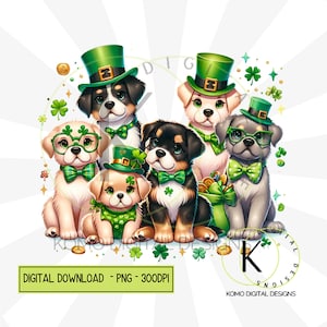 Chiens de la Saint-Patrick PNG | Clipart animal de compagnie festif mignon | Conception numérique Green Hat & Clover | Pièces d'or et trèfles, sublimation pour amoureux des chiens