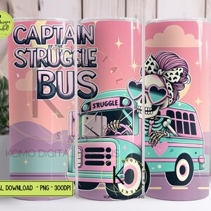 Capitaine du bus de lutte PNG, emballage de verre squelette drôle, design café gothique rose pastel, 20 oz maigre sublimation téléchargement numérique