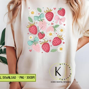 Strawberry Daisy PNG Clipart – Coquette Bow Aesthetic Graphics – Cottagecore Kawaii Digital Download hand drawn  Sublimation 20oz tumbler