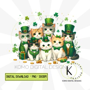 Les chats de la Saint-Patrick PNG | Clipart animal de compagnie festif mignon | Conception numérique Green Hat & Clover | Pièces d'or et trèfles, sublimation pour amoureux des chats