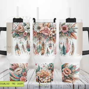 Pastel Flower Wrap 40oz Tumbler, Boho Floral PNG Design, Feather Sublimation Designs Downloads for 40 oz Tumbler
