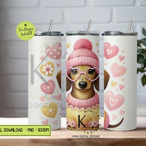 Dackel Tumbler Wrap | Wursthund Sublimation | 20 Unzen rosa Herz Welpen Design | Valentinstag Dog Mom Geschenk