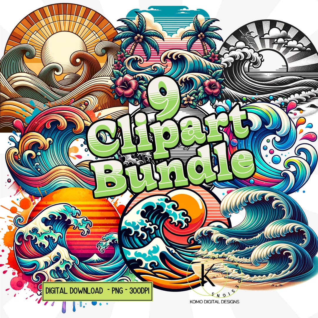 Ocean Wave Clipart Bundle | Retro Surf & Sea Waves PNG | Digital ...