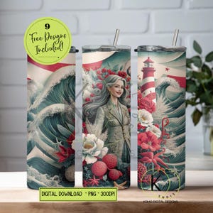 Vaso estético de pescador costero y playero PNG con diseño de sublimación de sirena maestra caprichosa, vaso delgado náutico de 20 oz con olas costeras