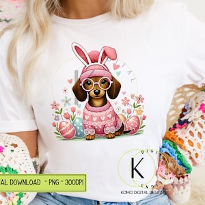Dachshund Bunny Clipart – Easter Dog with Bunny Ears, Spring Flowers & Easter Eggs PNG – Cute Wiener Dog PNG Digital Download
