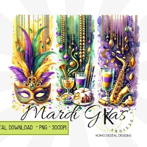 Karneval PNG, Aquarell Maske PNG, Pinselstrich Mardi Gras Clipart, Perlen & Jazz PNG, Königskuchen, Sublimation digitaler Download, New Orleans
