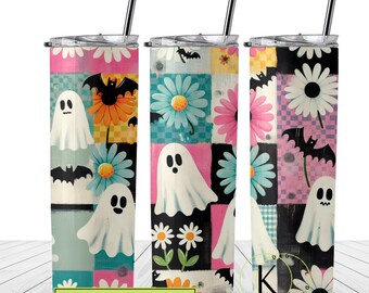 May include: A set of three sublimation tumbler designs featuring a patchwork pattern with ghosts, bats, and flowers in pink, blue, green, black, and white.
