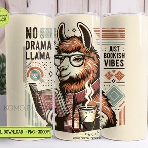 No Drama Llama Tumbler Wrap PNG | Bookish Vibes Sublimation | Vintage Seamless Wrap | Alpaca 20oz Digital Download | Cute Farm Animal PNG
