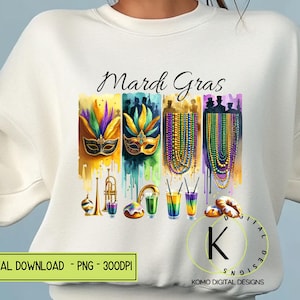 マルディグラ PNG、水彩マスク PNG、ブラシストローク マルディグラ クリップアート、ビーズ & ジャズ PNG、キング ケーキ、昇華デジタル ダウンロード、ニューオーリンズ