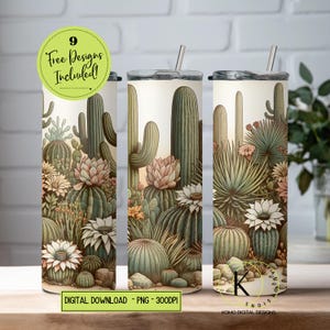 Diseño de sublimación para vaso delgado de 20 oz con diseño de cactus y suculentas del suroeste bohemio, descarga digital, envoltura para vaso PNG