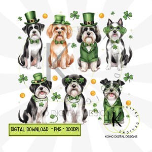 Chiens de la Saint-Patrick PNG | Clipart animal de compagnie festif mignon | Conception numérique Green Hat & Clover | Pièces d'or et trèfles, sublimation pour amoureux des chiens