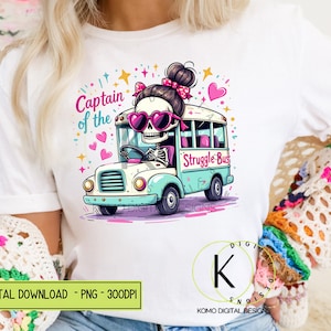 Capitaine de la lutte Bus Clipart PNG, maman squelette au volant d'un bus, graphique en sublimation drôle maman vie, téléchargement numérique pastel gothique tête de mort