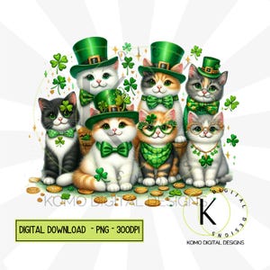 Les chats de la Saint-Patrick PNG | Clipart animal de compagnie festif mignon | Conception numérique Green Hat & Clover | Pièces d'or et trèfles, sublimation pour amoureux des chats
