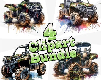 May include: A digital clipart bundle featuring four off-road vehicles in a watercolor style. The vehicles are in shades of green and brown with camouflage patterns. The image includes the text "4 Clipart Bundle" and "Digital Download - PNG - 300DPI".