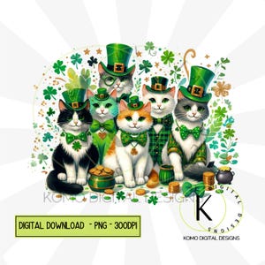 Les chats de la Saint-Patrick PNG | Clipart animal de compagnie festif mignon | Conception numérique Green Hat & Clover | Pièces d'or et trèfles, sublimation pour amoureux des chats