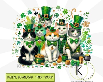 May include: A group of seven cats wearing green hats and shamrock accessories. The cats are sitting on a green background with shamrock leaves and gold coins.