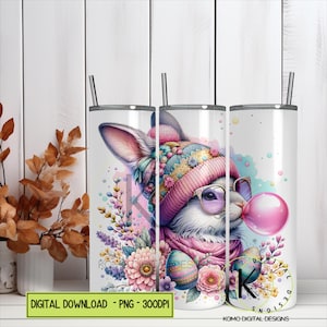 Kawaii Easter Bunny Clipart - Bubblegum Rabbit Digital PNG - Pastel Floral Spring Art - Cute Easter Sublimation Design Digital Download