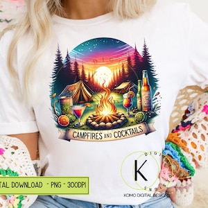 Diseño de sublimación de imágenes prediseñadas de fogatas y cócteles Descarga digital PNG SOLO DIGITAL instantánea, Gráfico de verano para campamentos y campamentos