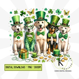 Chiens de la Saint-Patrick PNG | Clipart animal de compagnie festif mignon | Conception numérique Green Hat & Clover | Pièces d'or et trèfles, sublimation pour amoureux des chiens