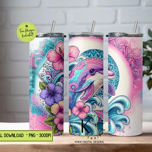 Delphin Tumbler Wrap, Tropical Sublimation Designvorlagen, Hibiskus Floral Ocean Beach Tumbler PNG, digitaler Download, 20 Unzen Tumbler Wrap