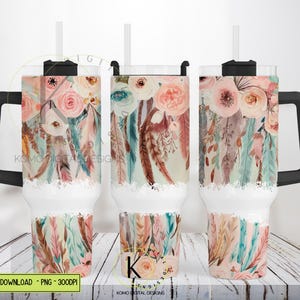 Pastel Flower Wrap 40oz Tumbler, Boho Floral PNG Design, Feather Sublimation Designs Downloads for 40 oz Tumbler