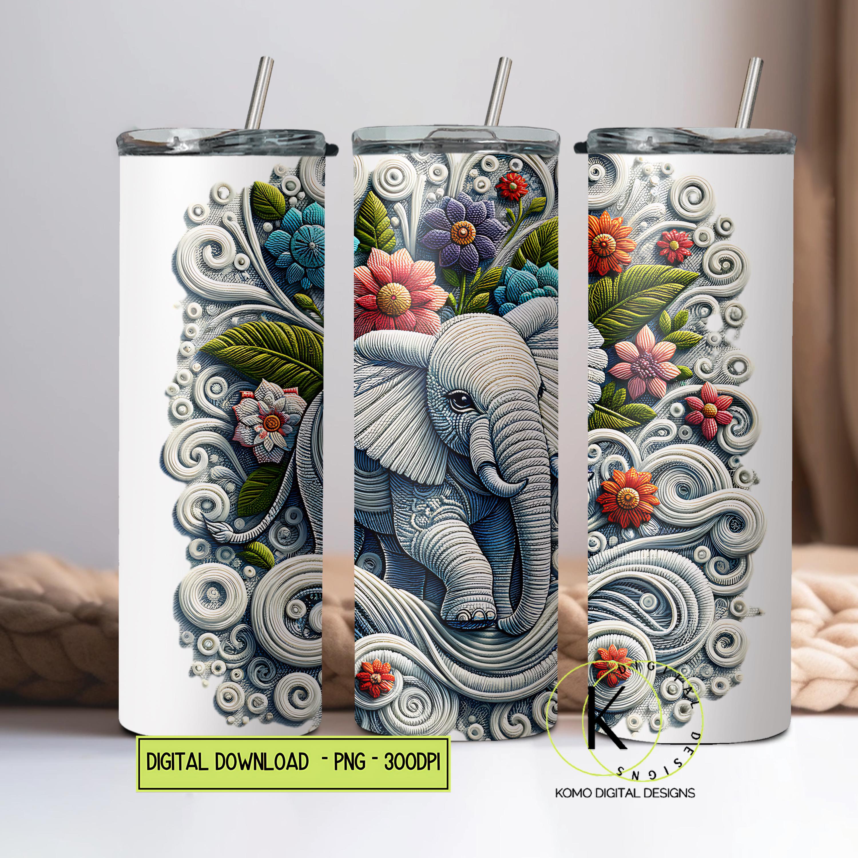 Embroidered Mandala Elephant 20 oz Tumbler Wrap | Sublimation Design PNG | Instant Digital Download