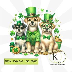 Chiens de la Saint-Patrick PNG | Clipart animal de compagnie festif mignon | Conception numérique Green Hat & Clover | Pièces d'or et trèfles, sublimation pour amoureux des chiens
