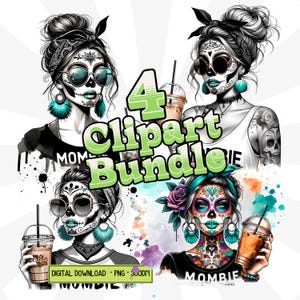 Mombie Schädel Bündel Tag der Toten Kaffee Liebhaber Sublimation Design Grunge Skelett Mutter Leben PNG Tätowierte Halloween Frau Digitaler Download