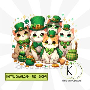 Les chats de la Saint-Patrick PNG | Clipart animal de compagnie festif mignon | Conception numérique Green Hat & Clover | Pièces d'or et trèfles, sublimation pour amoureux des chats