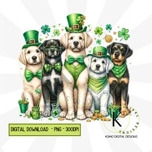 Chiens de la Saint-Patrick PNG | Clipart animal de compagnie festif mignon | Conception numérique Green Hat & Clover | Pièces d'or et trèfles, sublimation pour amoureux des chiens