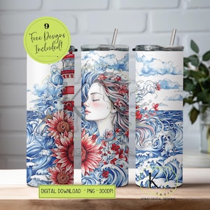 Vaso PNG con diseño de pescador playero costero - Diseño de sublimación de sirena náutica caprichosa - Vaso delgado de 20 oz - Olas costeras