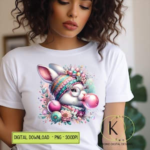 Kawaii Easter Bunny Clipart - Bubblegum Rabbit Digital PNG - Pastel Floral Spring Art - Cute Easter Sublimation Design Digital Download