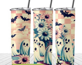 May include: A sublimation design featuring a pink and white checkered background with black bats, white flowers, and cute ghosts. The design is meant to be used on a 20 oz tumbler.