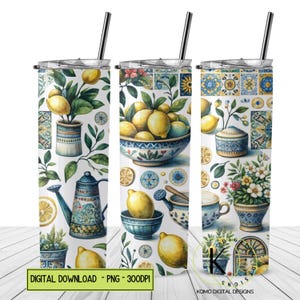 Carrelage méditerranéen, clipart citrons aquarelle, carreaux de céramique azulejos portugais, lot de clipart été, papier peint bleu et blanc pour verre