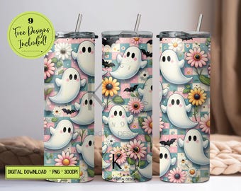 May include: A set of three stainless steel tumblers with lids and straws. The tumblers feature a repeating pattern of cartoon ghosts, flowers, and bats on a pastel checkered background. The text "9 Free Designs Included!" is visible.