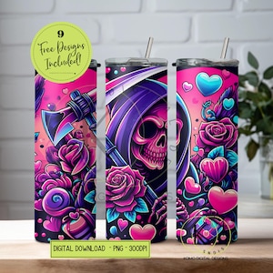 Romantic Grim Reaper 20oz Tumbler Design, Seamless Gothic Valentine Sublimation PNG, Roses Hearts Tumbler Wrap, Dark Love Digital Download