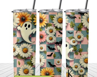 May include: A sublimation design featuring a pink and blue checkered background with white daisies, bats, and a ghost.  The design is meant to be used for a 20 oz skinny tumbler.