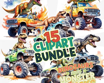 Dinosaur Monster Truck Clipart Bundle - Dino PNG Digital Download - T-Rex Truck Sublimation Designs - Kids Party Decor and DIY Craft Clipart