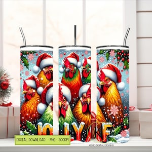 Jolly AF Chicken Christmas PNG - Funny Santa Chickens Sublimation Design - Tumbler 20 oz pour les fêtes en téléchargement numérique
