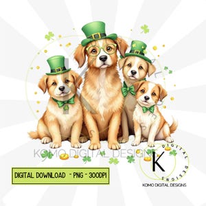 Chiens de la Saint-Patrick PNG | Clipart animal de compagnie festif mignon | Conception numérique Green Hat & Clover | Pièces d'or et trèfles, sublimation pour amoureux des chiens